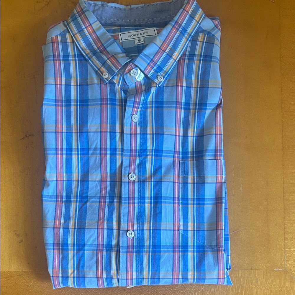 Crown & Ivy Men's Blue and Pink Plaid Button Down Shirt long sleeve